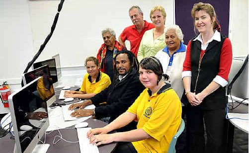 James Nash State High school students Smanatah Cora (left) and Alinta Lewis at work on the new MARVIN program with Gordon Browning (seated centre) and (back from left) Aunty Olive, Ken Meldrum, Cheryl Greinke, Aunty Dot and Tanya Easterby. James Nash State High school students Smanatah Cora (left) and Alinta Lewis at work on the new MARVIN program with Gordon Browning (seated centre) and (back from left) Aunty Olive, Ken Meldrum, Cheryl Greinke, Aunty Dot and Tanya Easterby.